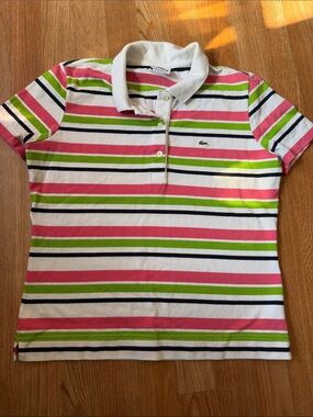 Lacoste Womens Striped Polo Shirt Pink Green White Cotton Stretch Size 44 F4811